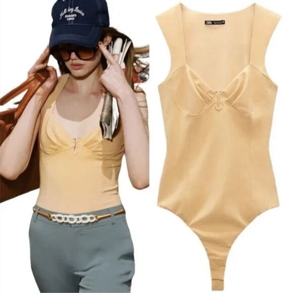 NWT Zara Notch Neck Metal Detail Bodysuit - Picture 1 of 3